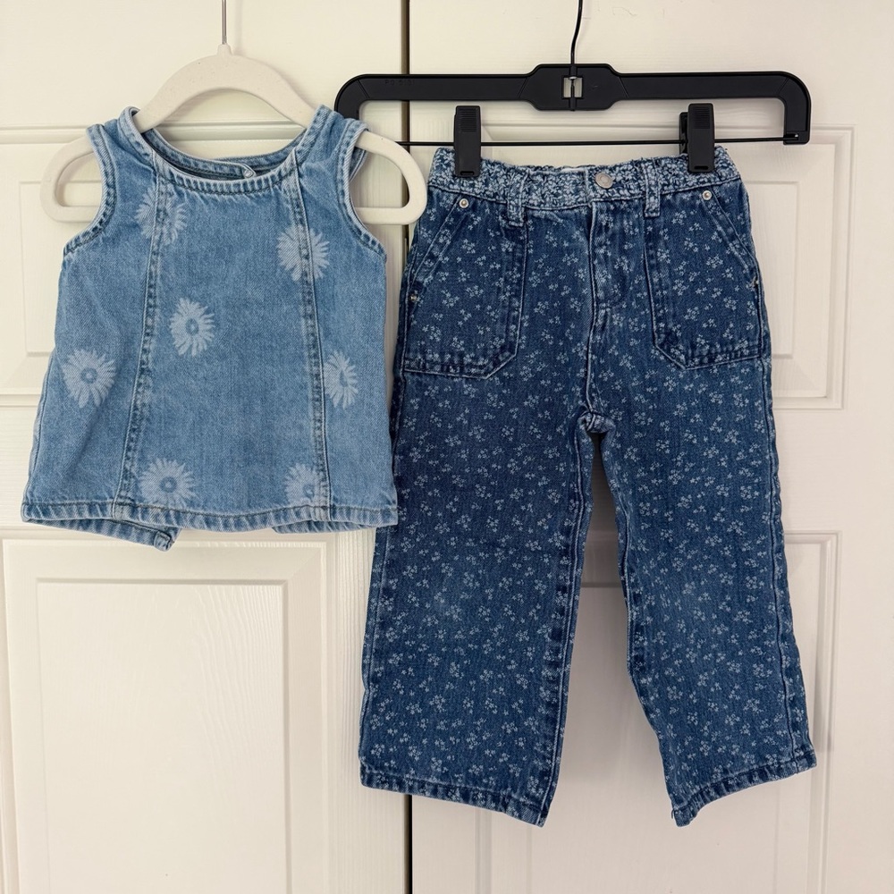 Zara Girls' Light & Dark Blue Denim Tank Top with Floral Jeans Set